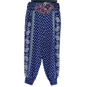 Floating Lotus navy blue patterned jogger style pants w/ embroidered waistband